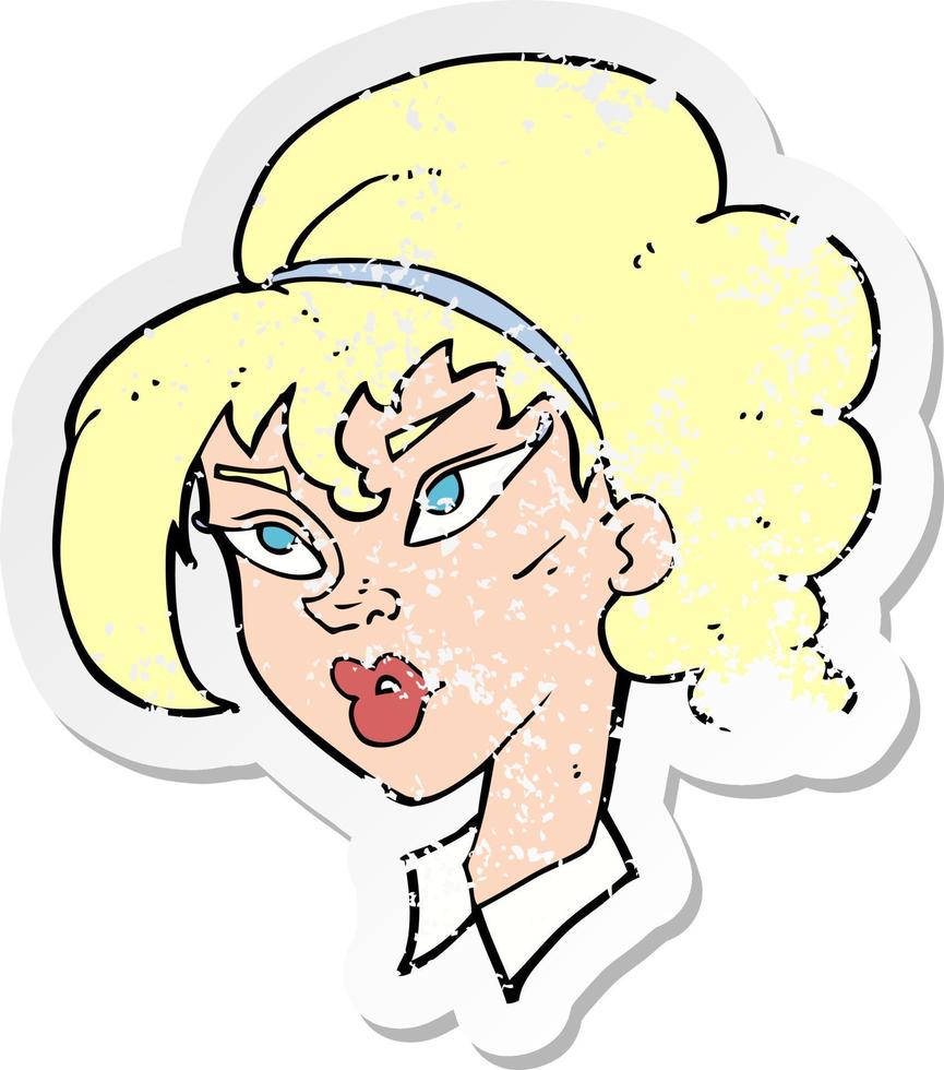 retro distressed sticker of a cartoon pretty woman vector