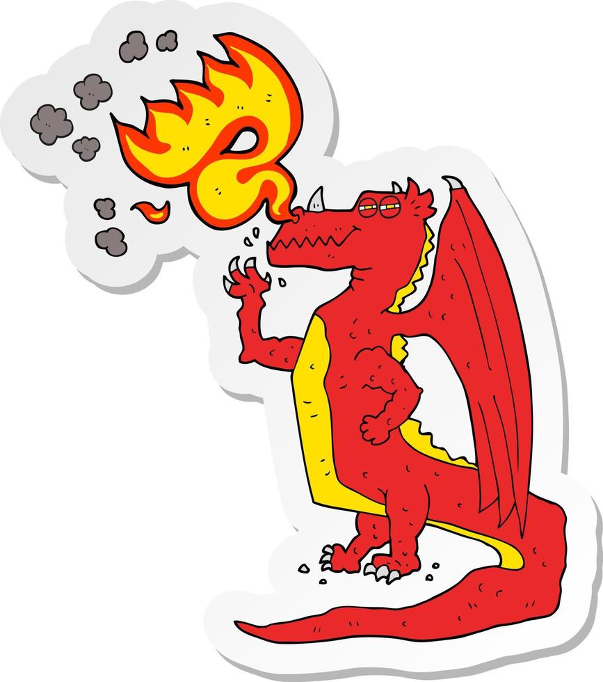 sticker of a cartoon happy dragon breathing fire vector