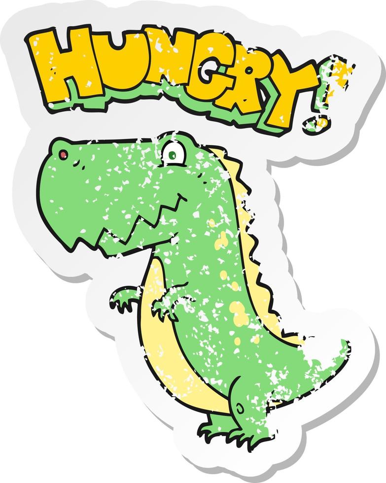 retro distressed sticker of a cartoon hungry dinosaur vector