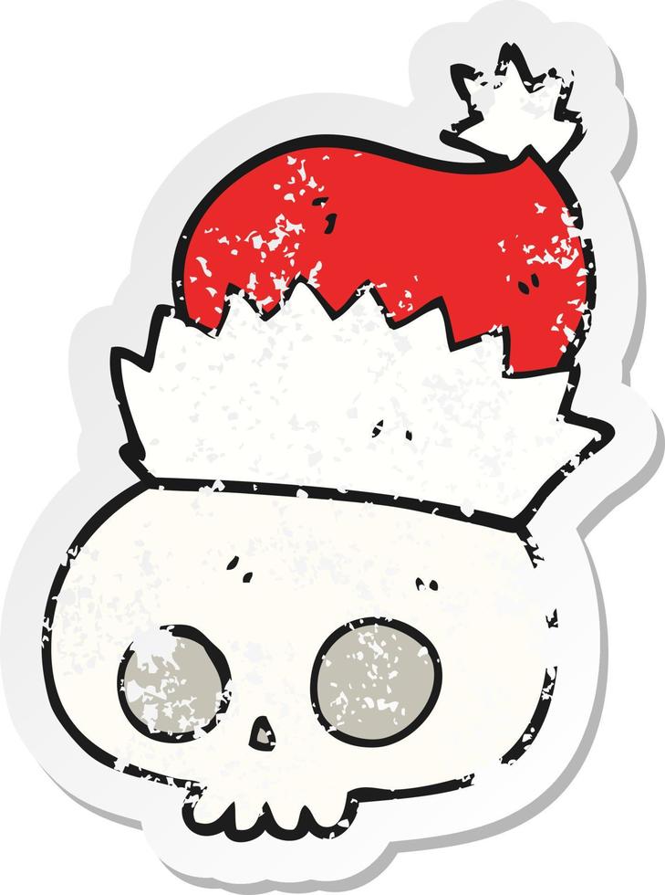 retro distressed sticker of a cartoon skull wearing christmas hat vector