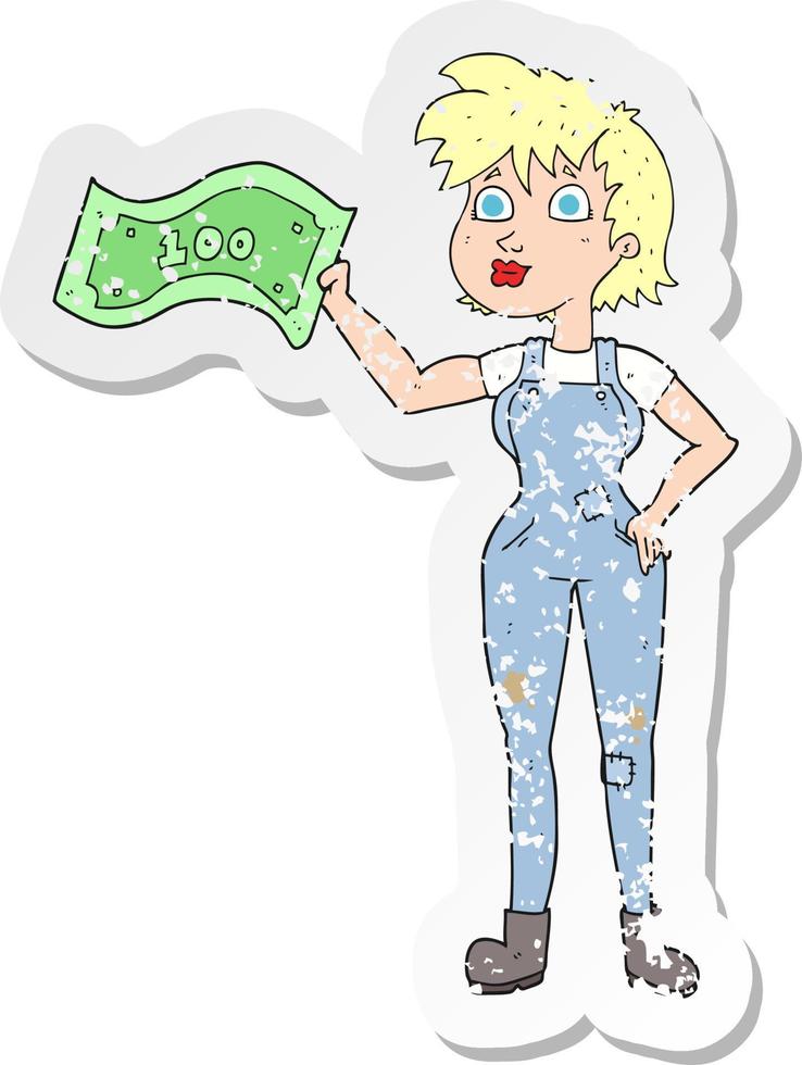pegatina retro angustiada de una mujer campesina confiada de dibujos animados con dinero vector