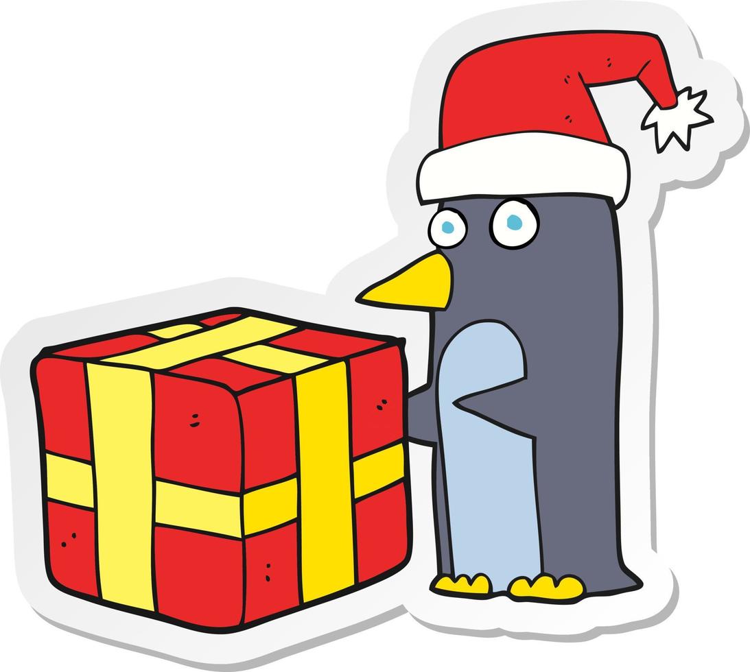 sticker of a cartoon christmas penguin with present vector