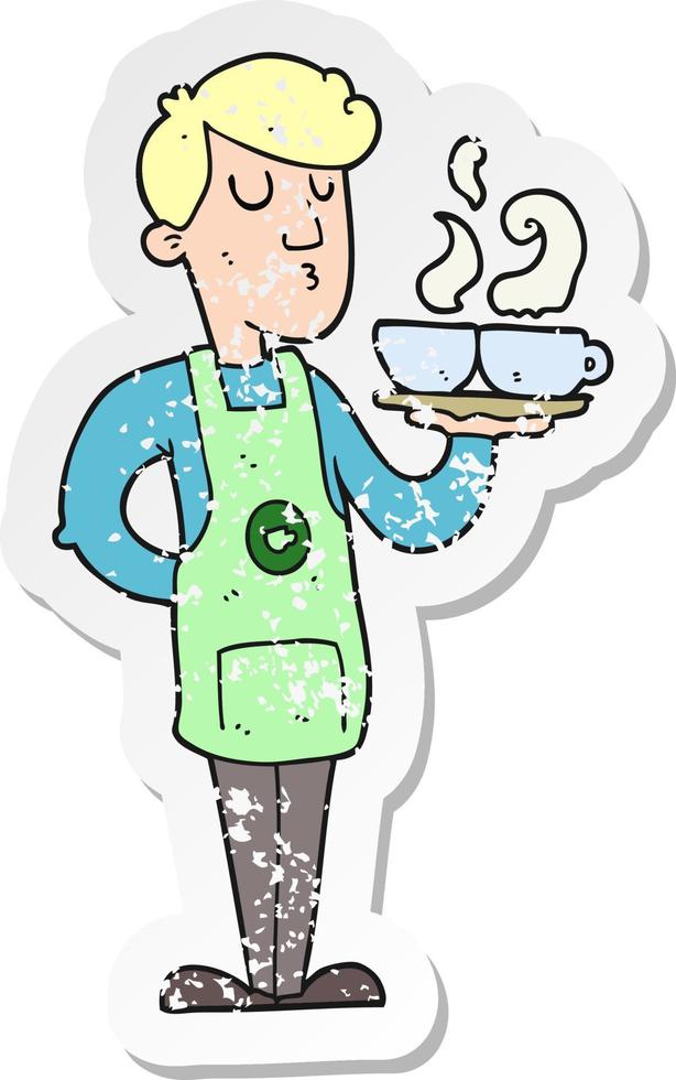 retro distressed sticker of a cartoon barista serving coffee vector