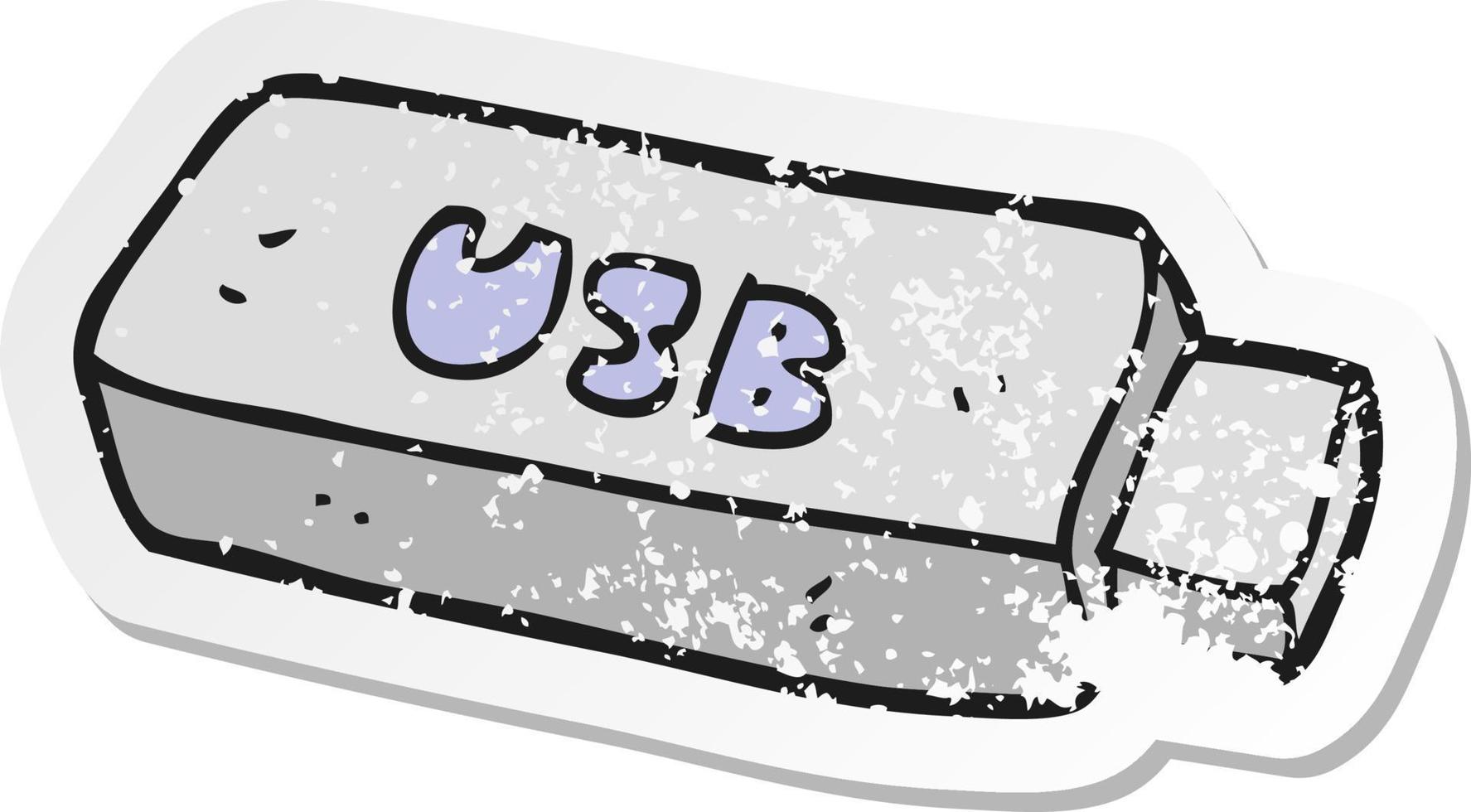 retro distressed sticker of a cartoon USB stick vector