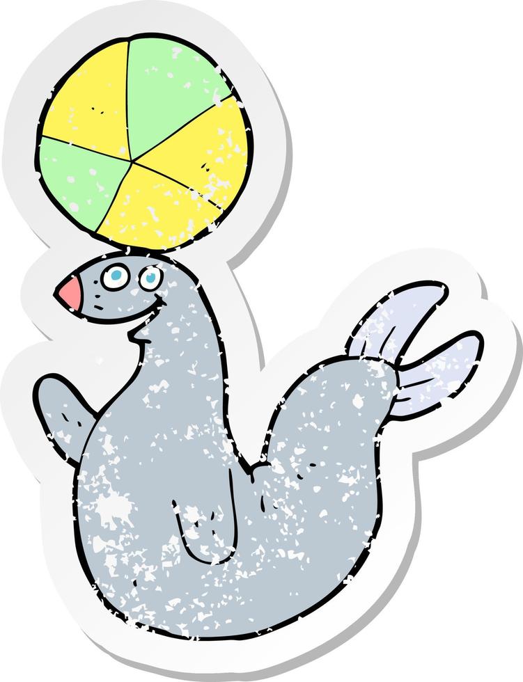 retro distressed sticker of a cartoon seal balancing ball vector