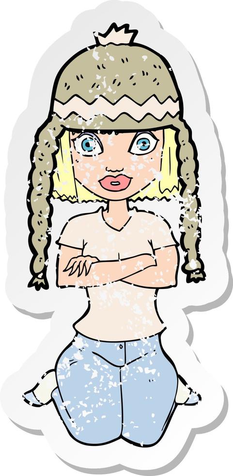 retro distressed sticker of a cartoon woman wearing hat vector