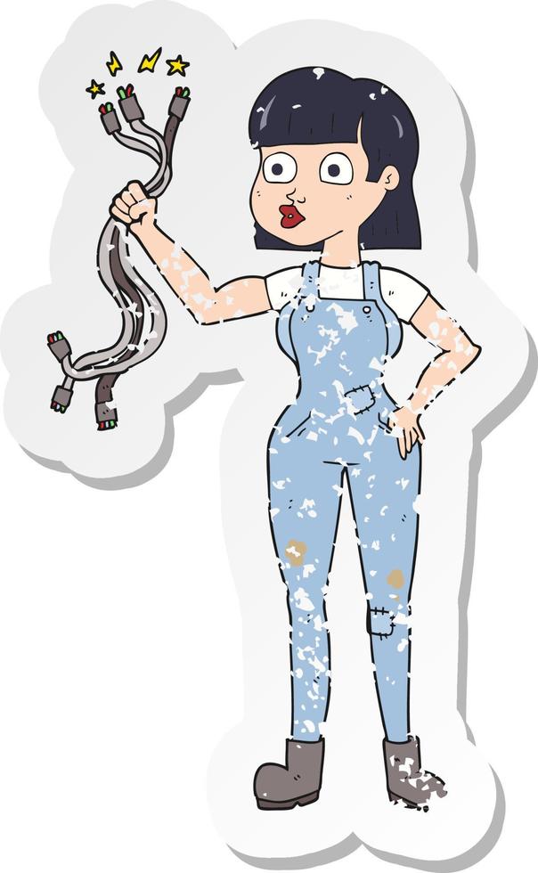 retro distressed sticker of a cartoon female electrician vector