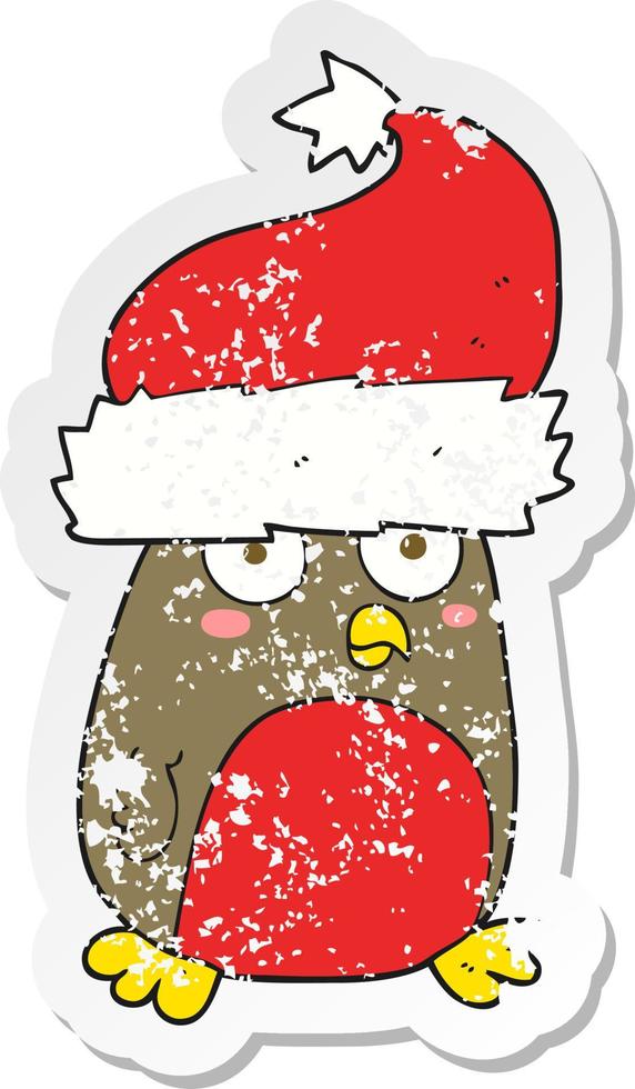 retro distressed sticker of a cartoon christmas robin wearing santa hat vector