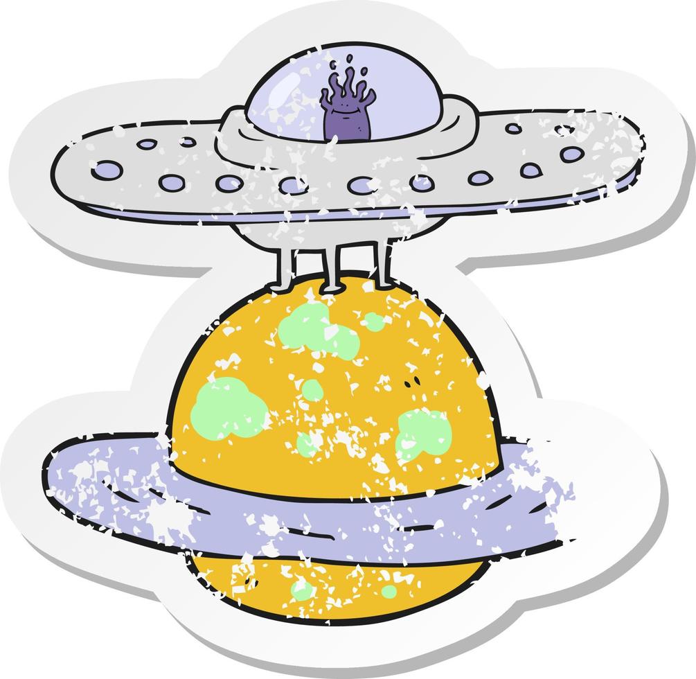 retro distressed sticker of a cartoon flying saucer vector