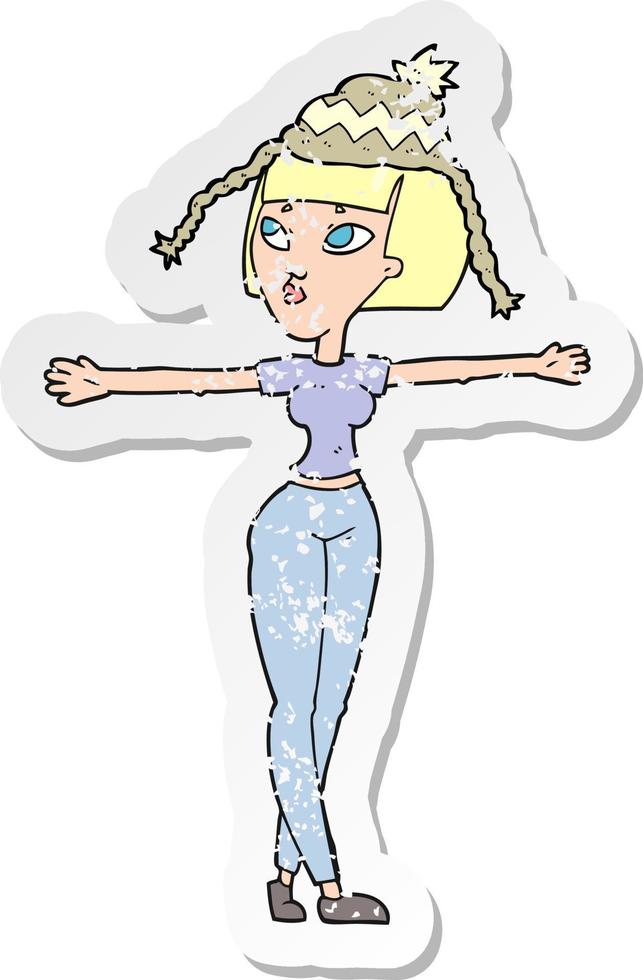 retro distressed sticker of a cartoon woman wearing hat vector