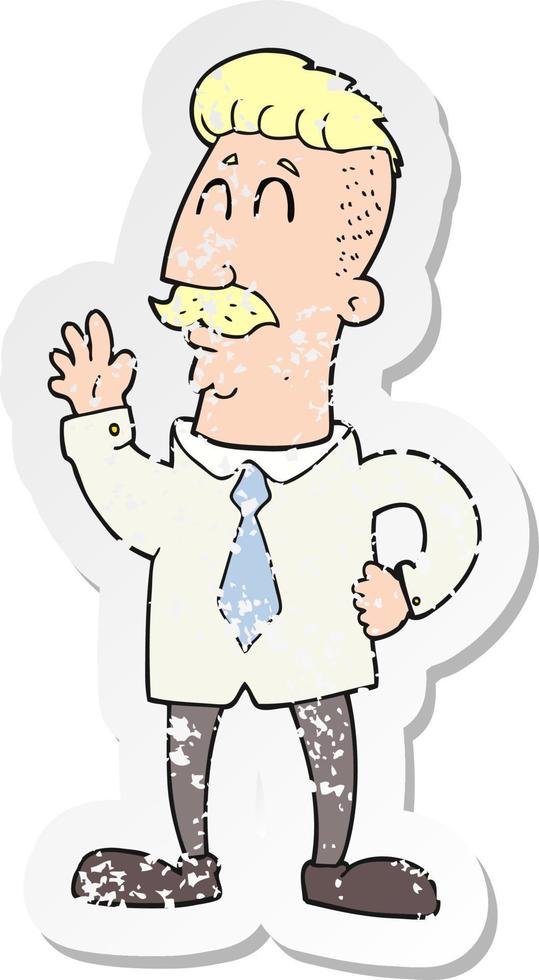 retro distressed sticker of a cartoon office man waving vector