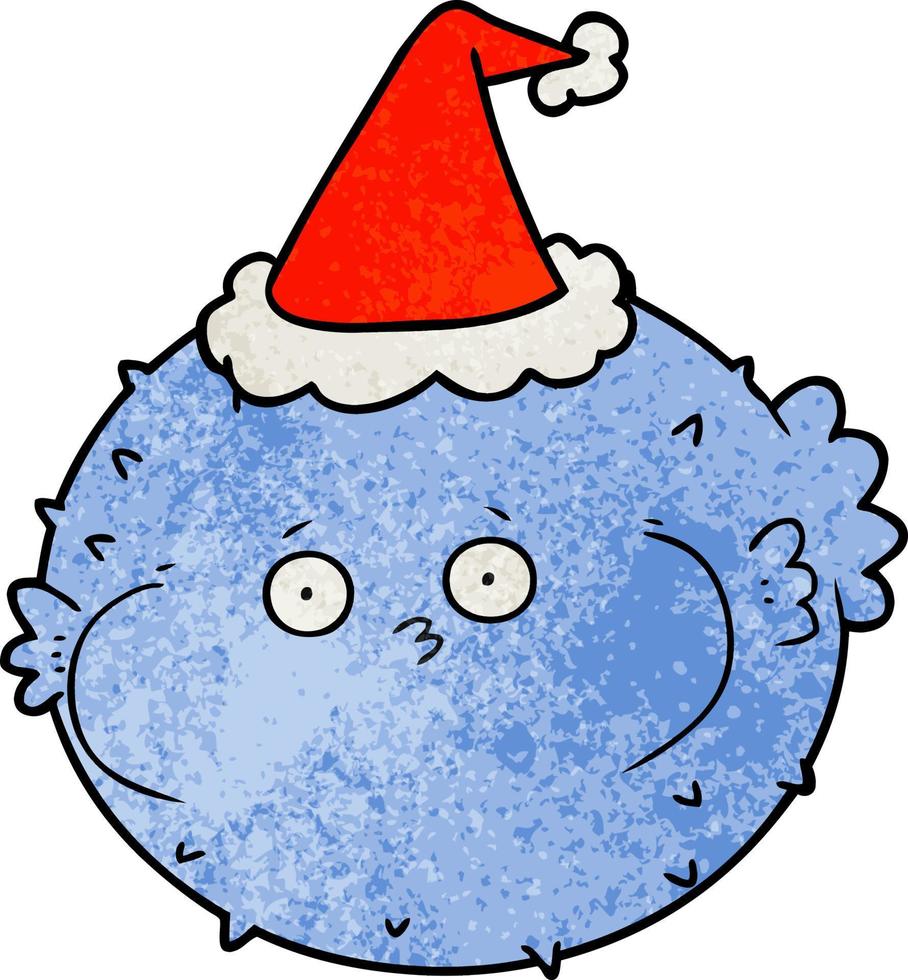 textured cartoon of a puffer fish wearing santa hat vector