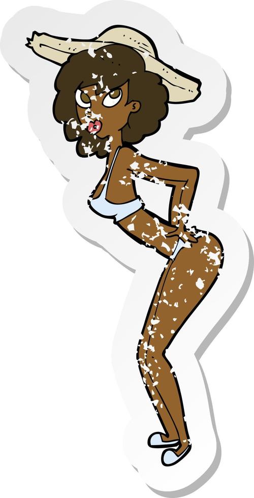 retro distressed sticker of a cartoon pin up beach girl vector