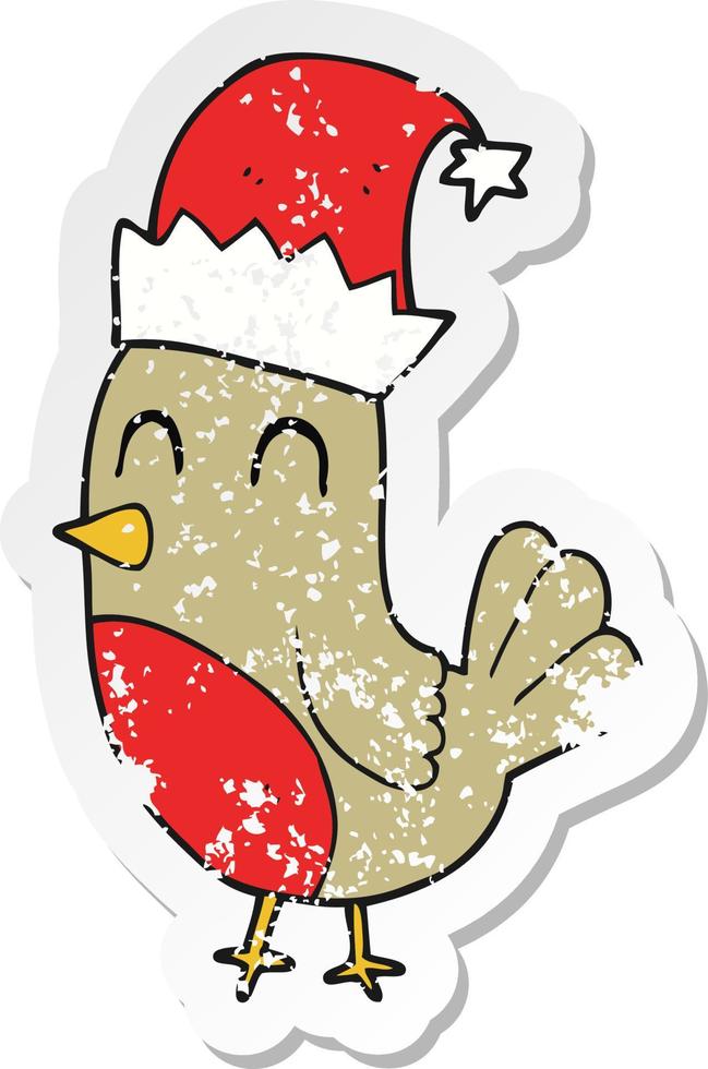 retro distressed sticker of a cartoon christmas robin vector