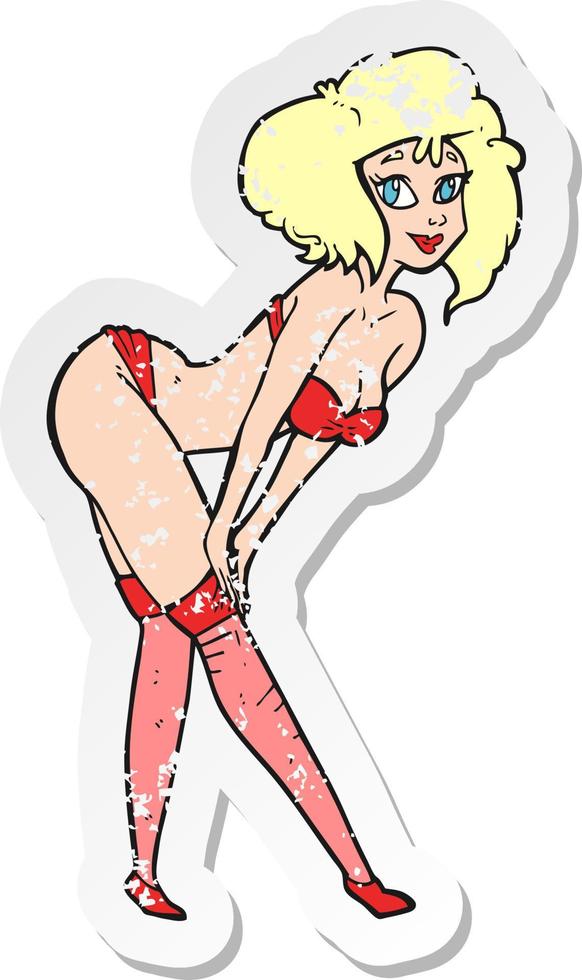 retro distressed sticker of a cartoon pin up girl putting on stockings vector