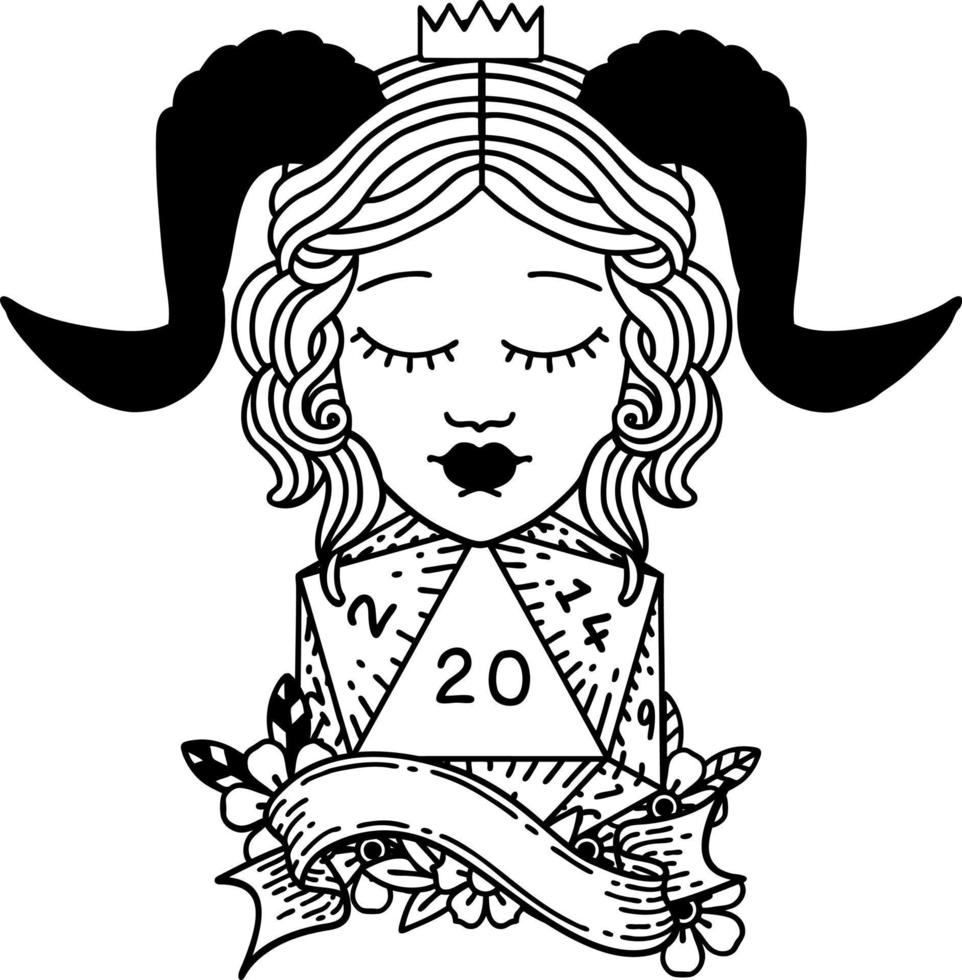 Black and White Tattoo linework Style tiefling with natural twenty dice roll vector