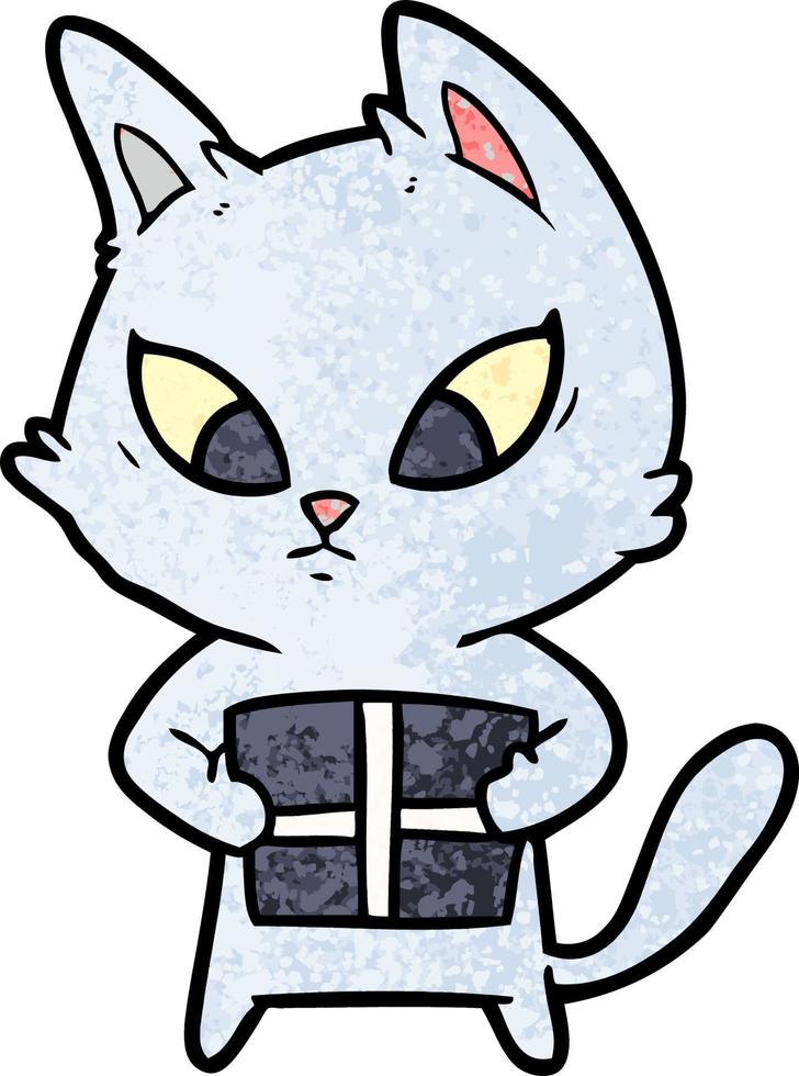 confused cartoon cat with gift vector