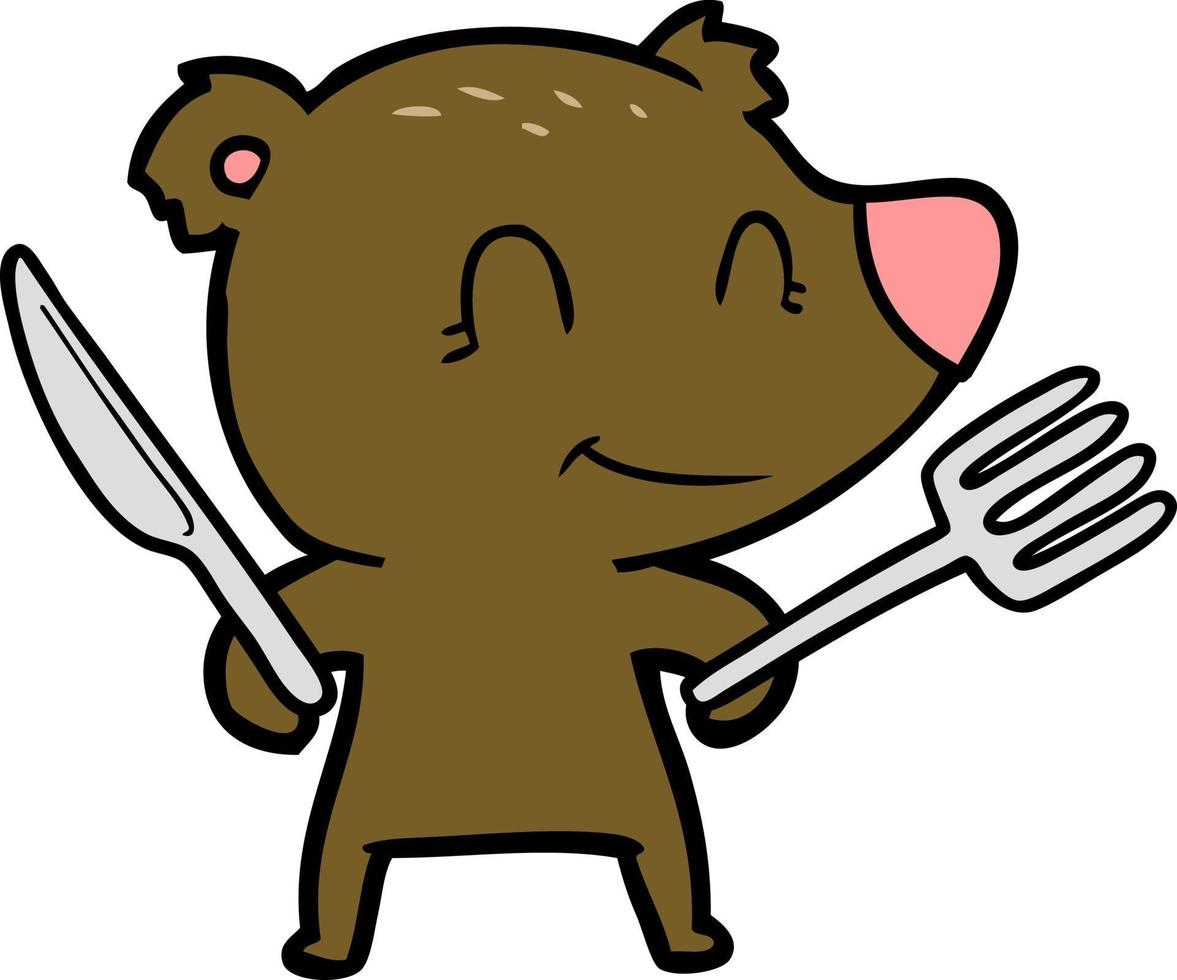 dibujos animados de oso sonriente con cuchillo y tenedor vector