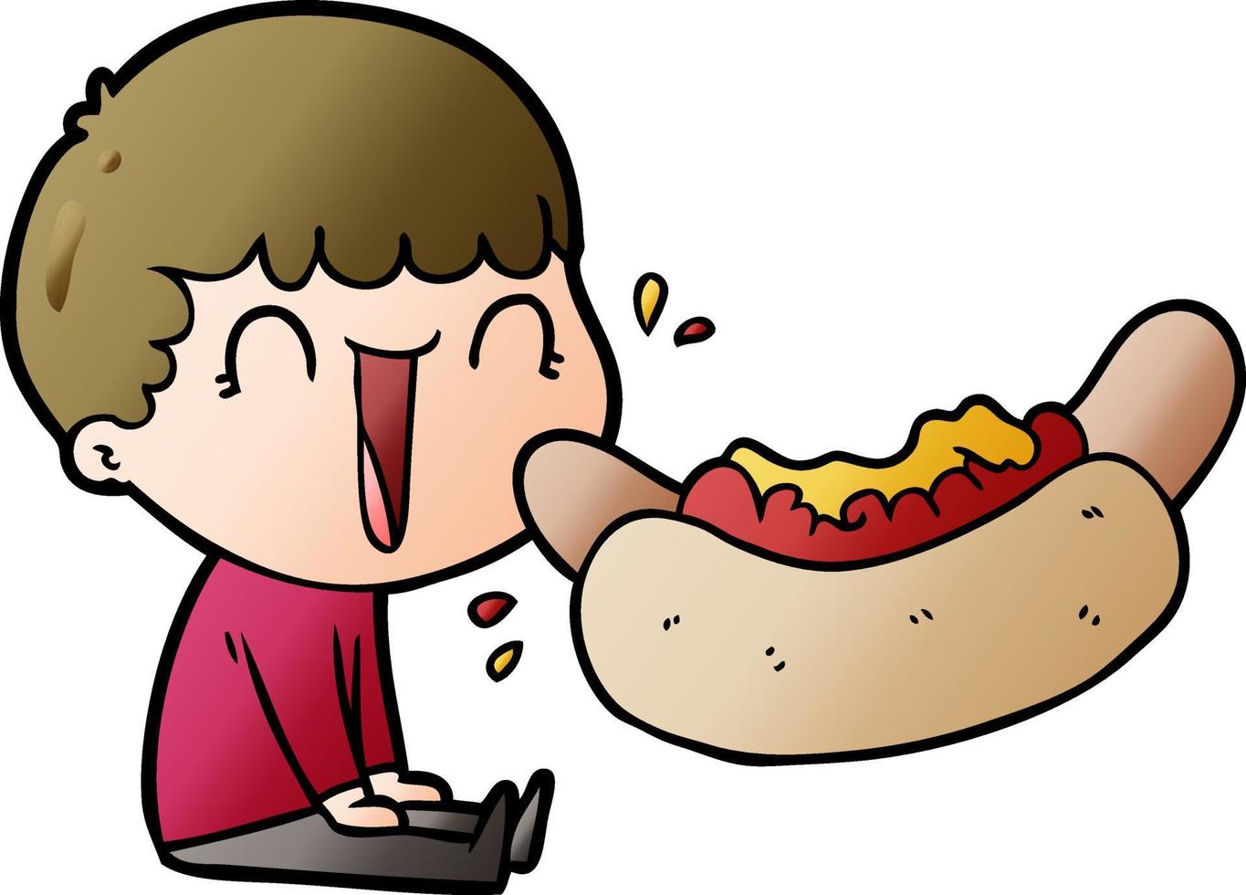 hombre de dibujos animados riendo comiendo hot dog gigante vector