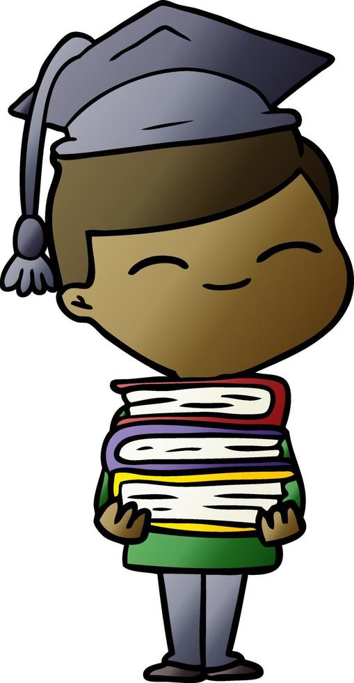 cartoon smiling boy with stack of books vector