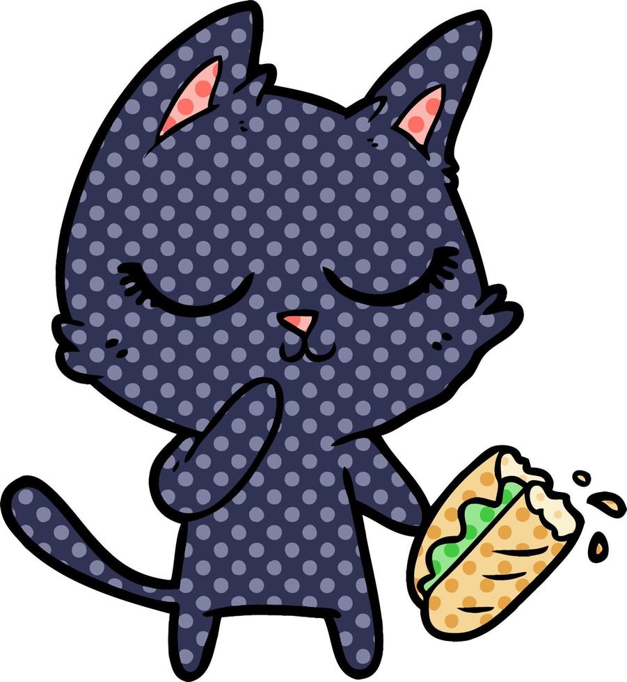 gato de dibujos animados tranquilo considerando compartir una baguette vector