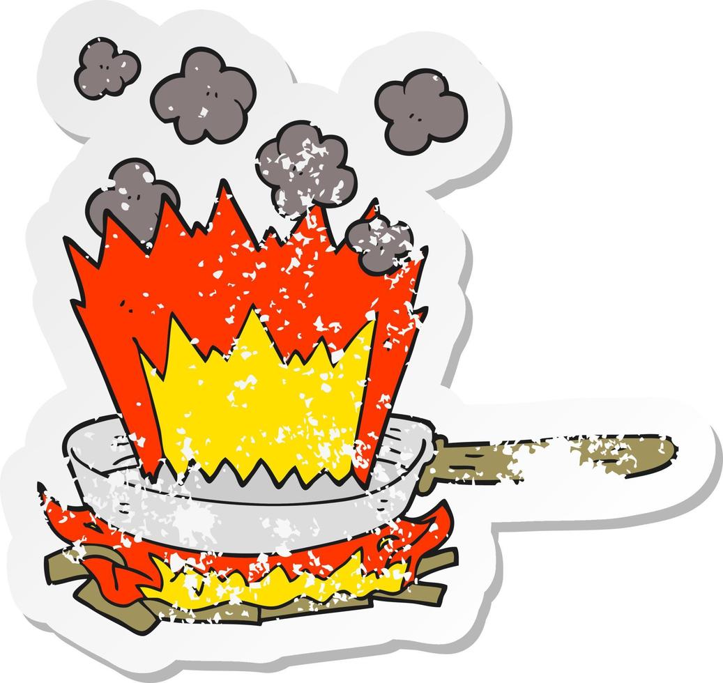 retro distressed sticker of a cartoon frying pan on fire vector