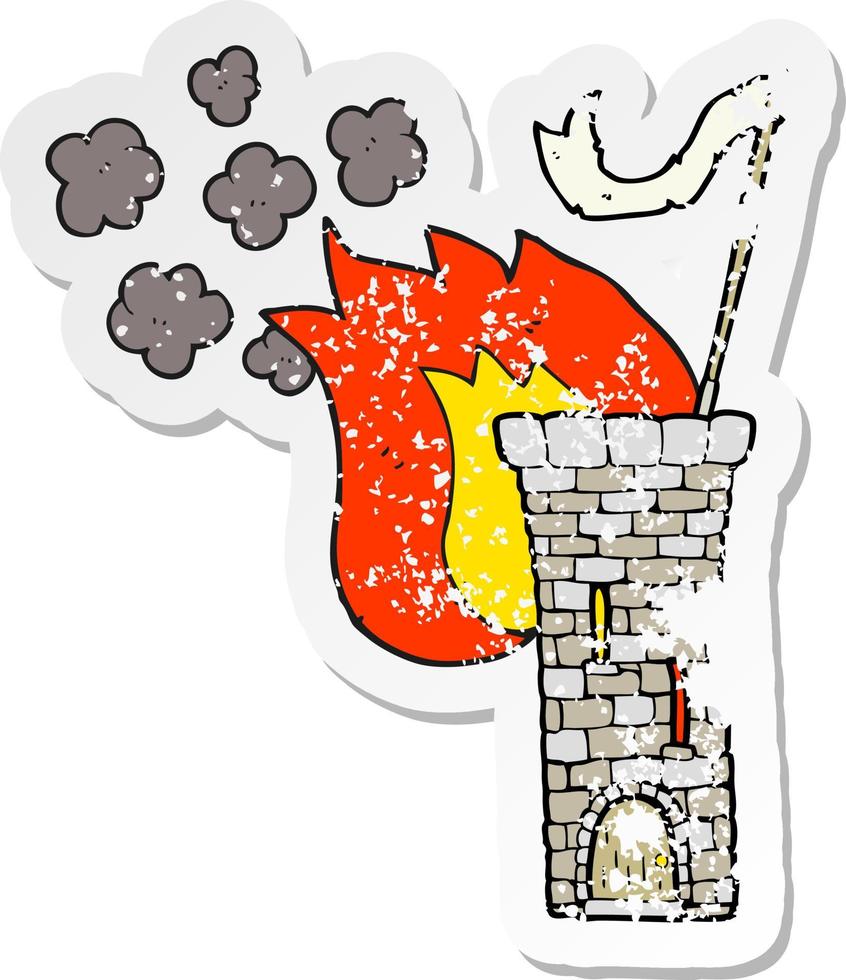 pegatina retro angustiada de una torre de castillo antigua de dibujos animados ondeando bandera blanca vector