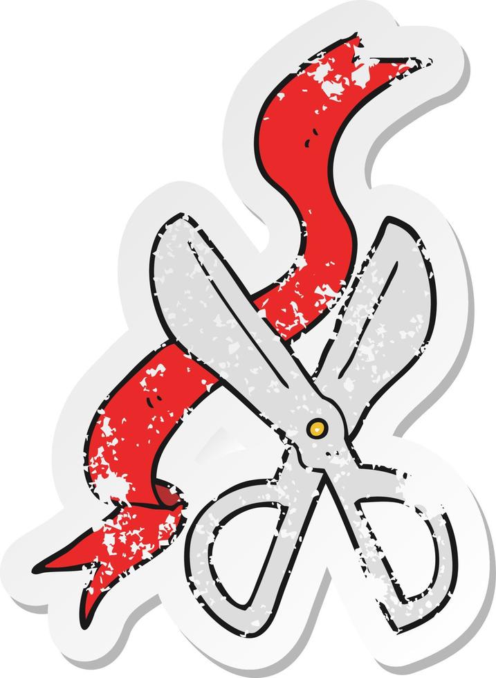 retro distressed sticker of a cartoon scissors cutting ribbon vector