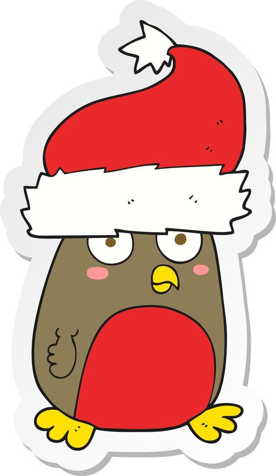 pegatina de un petirrojo navideño de dibujos animados con gorro de Papá Noel vector