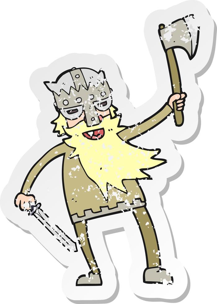 retro distressed sticker of a cartoon viking warrior vector
