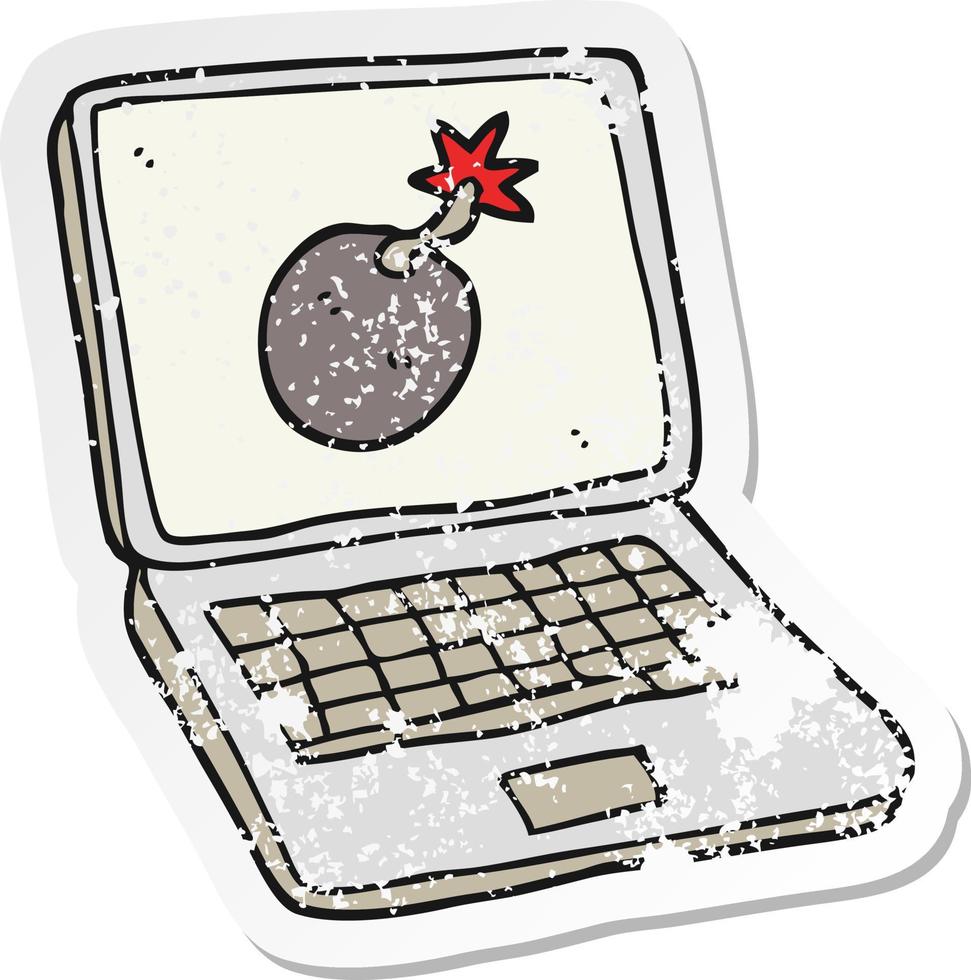 retro distressed sticker of a cartoon laptop computer with error screen vector