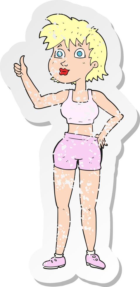 retro distressed sticker of a cartoon happy gym woman vector