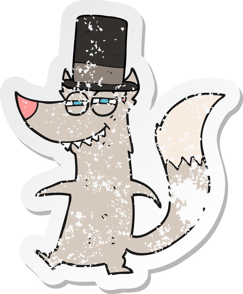 retro distressed sticker of a cartoon little wealthy wolf vector
