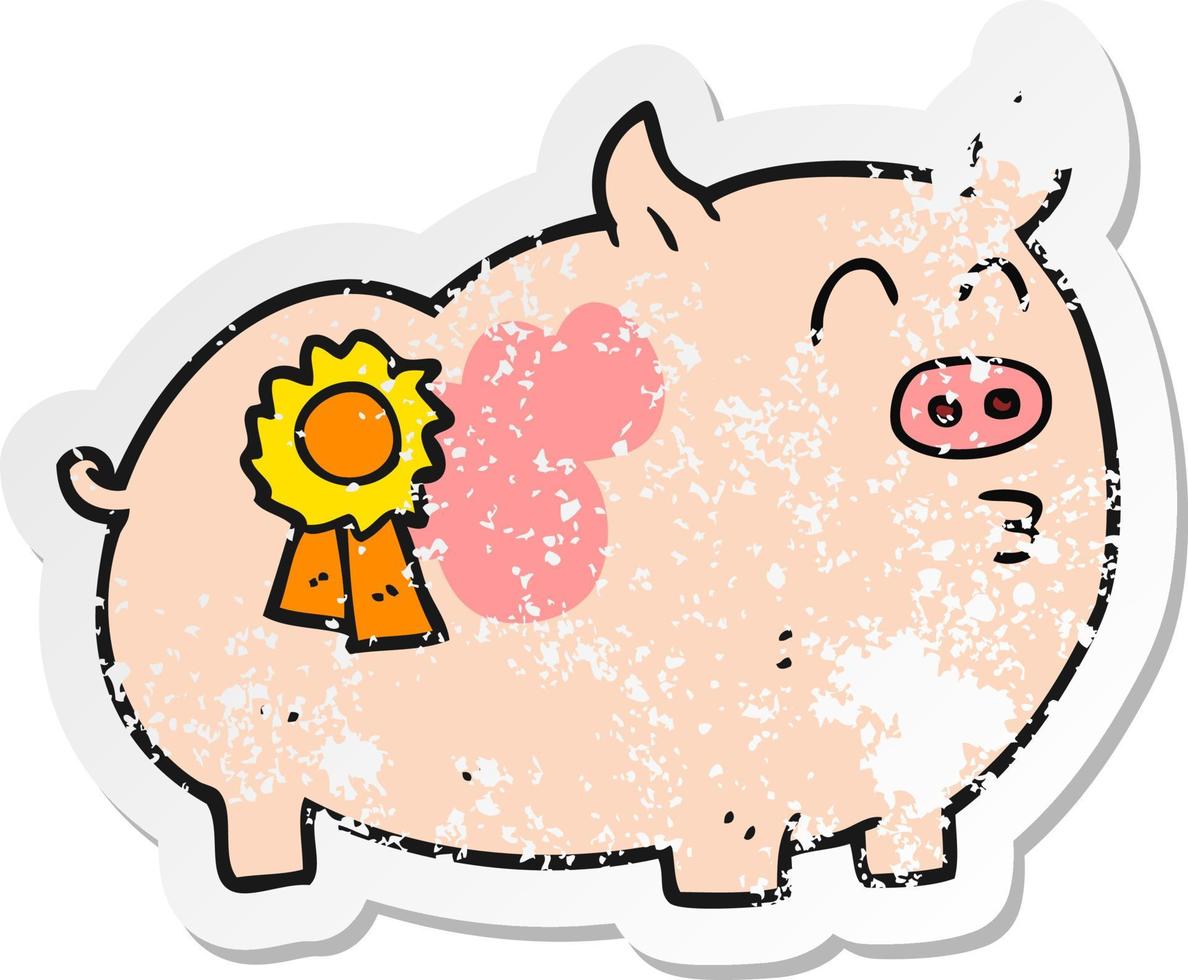 retro distressed sticker of a cartoon prize winning pig vector
