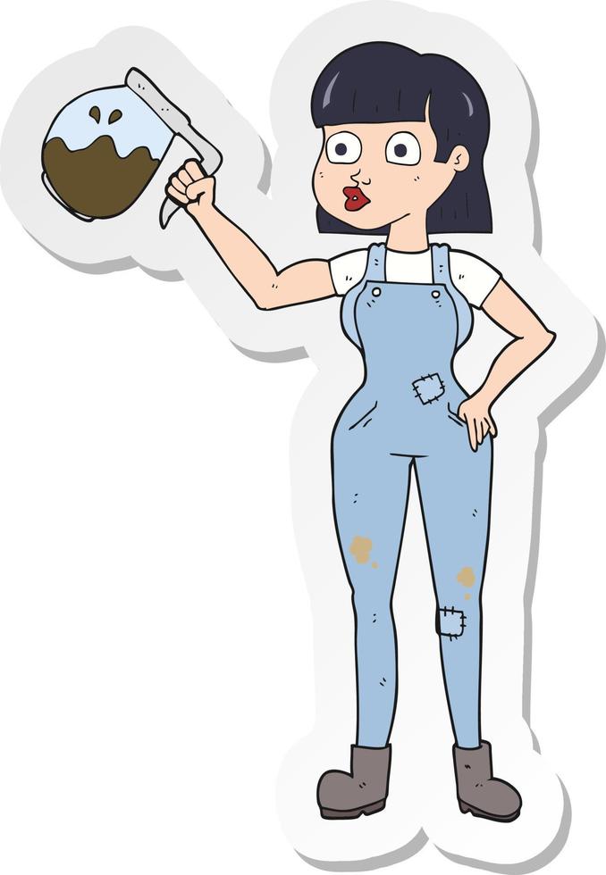 sticker of a cartoon woman in dungarees with coffee vector
