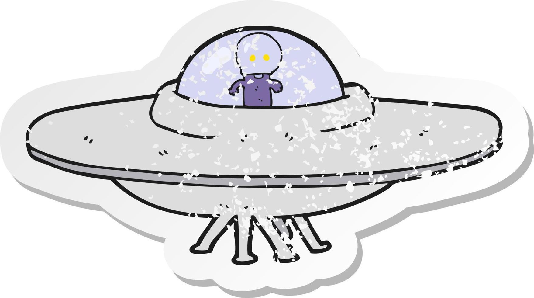 retro distressed sticker of a cartoon alien flying saucer vector