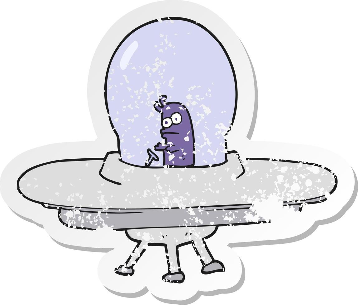 retro distressed sticker of a cartoon flying saucer vector