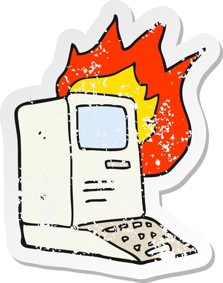 retro distressed sticker of a cartoon old computer on fire vector