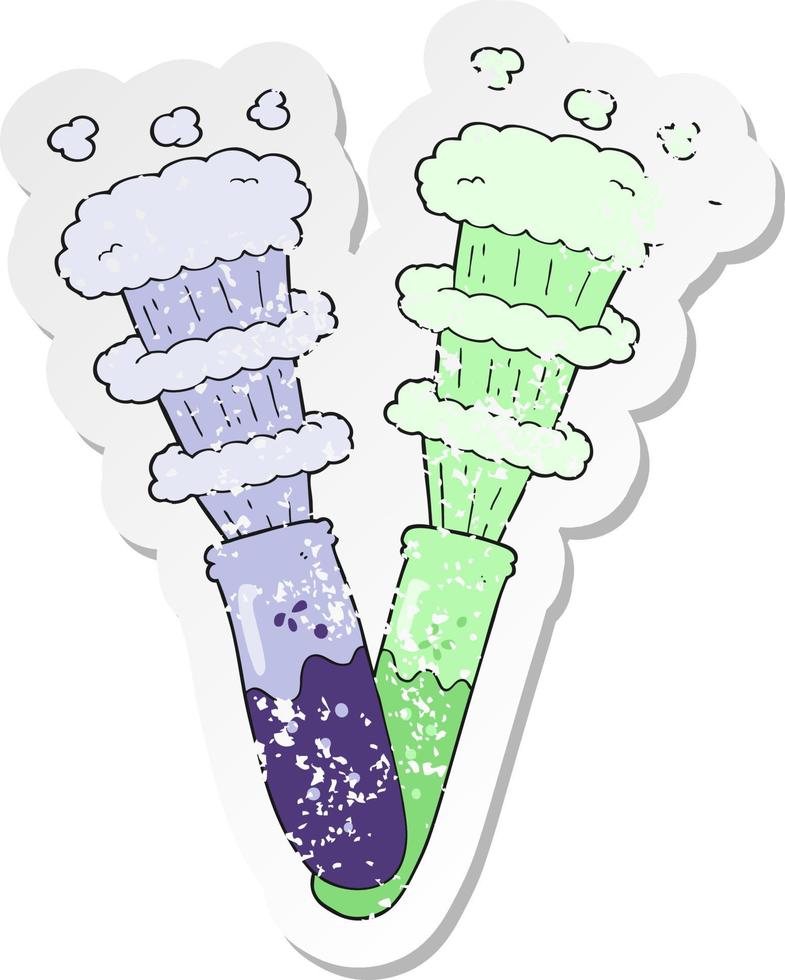 retro distressed sticker of a cartoon chemicals in test tubes vector