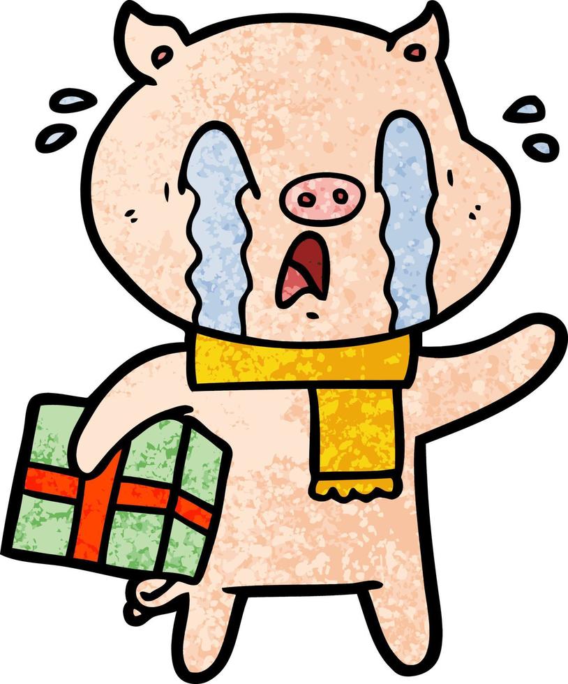 crying pig cartoon delivering christmas present vector