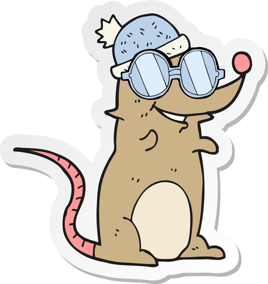 sticker of a cartoon mouse wearing glasses and hat vector