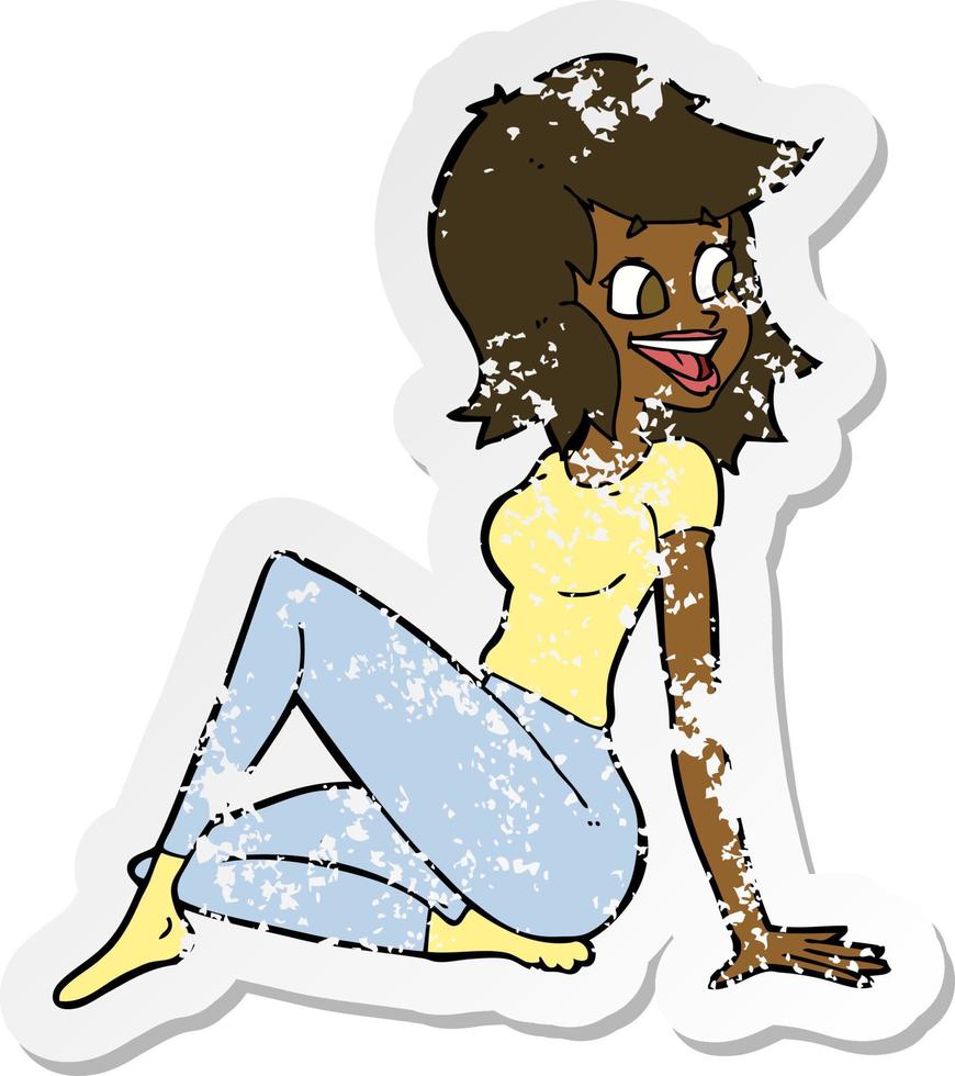 retro distressed sticker of a cartoon pretty woman looking happy vector