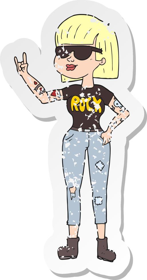 retro distressed sticker of a cartoon rock woman vector