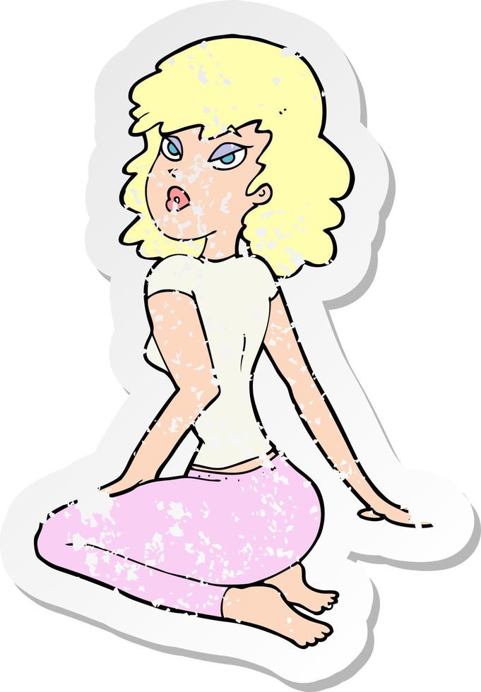 retro distressed sticker of a cartoon pretty woman vector