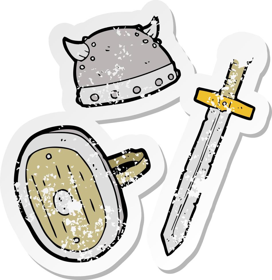 retro distressed sticker of a cartoon medieval warrior objects vector