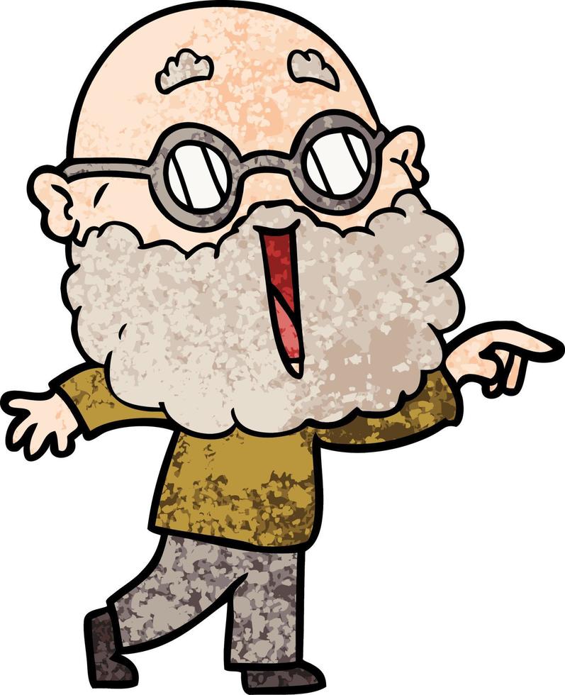 cartoon joyful man with beard pointing finger vector