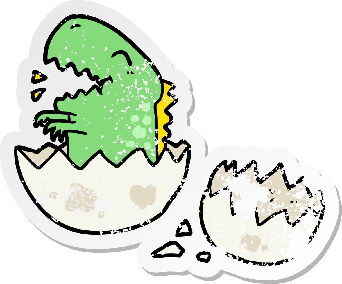 distressed sticker of a cartoon dinosaur hatching vector