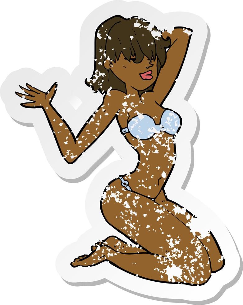 pegatina retro angustiada de una chica de bikini sexy de dibujos animados vector