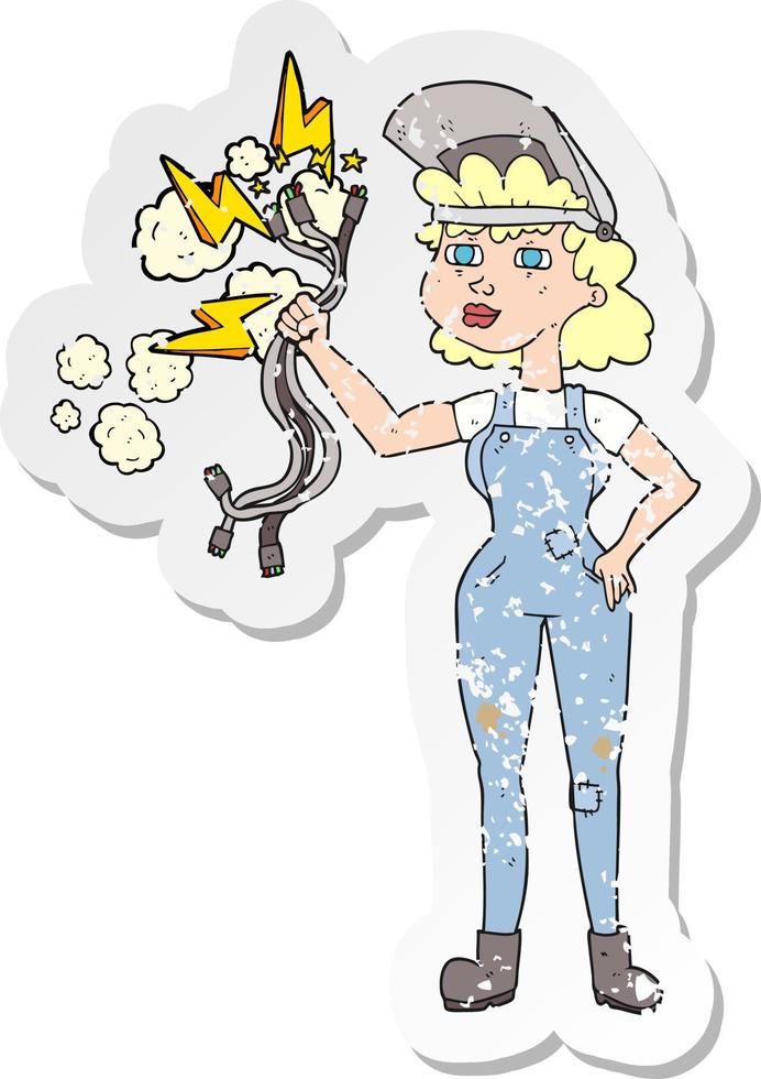 pegatina retro angustiada de una mujer electricista de dibujos animados vector