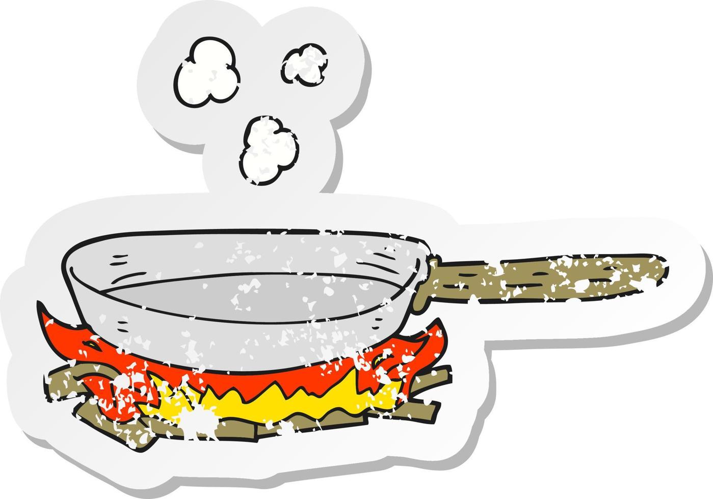 pegatina retro angustiada de una sartén de dibujos animados en llamas vector